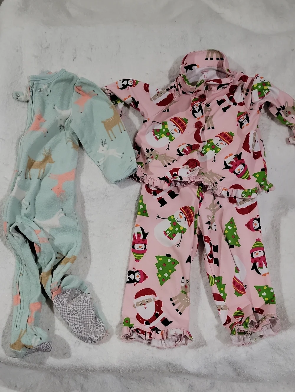 Kids Pink Holiday Pajama Set with Festive Print- Blue Winter Footie Jammies Deer
